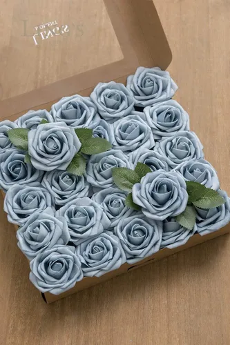 Miniatura 5 de Ling's moment Flores artificiales, 50 rosas azules polvorientas decorativas con tallos, 3 pulgadas de tacto real de espuma floral para ramo de boda