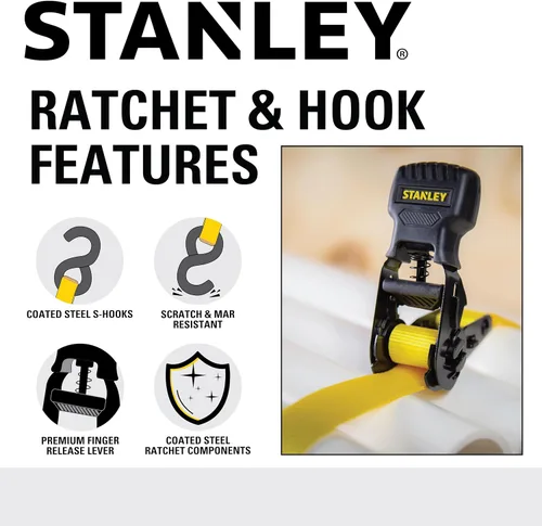 Miniatura 5 de STANLEY S10002-12 Correas de trinquete negras/amarillas de 1" X 12' - Carga de trabajo segura de 500 LBS / Fuerza de rotura de 1,500 LBS, paquete