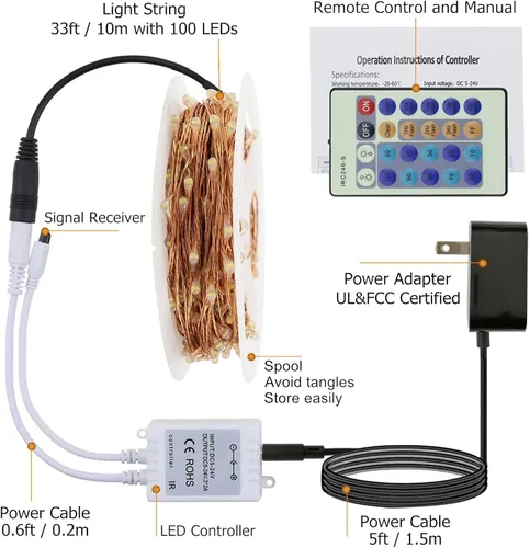 Miniatura 8 de RUICHEN Guirnalda de luces LED de 33 pies con 100 luces LED enchufables, impermeables, regulables, alambre de cobre, luces de luciérnaga estrellada