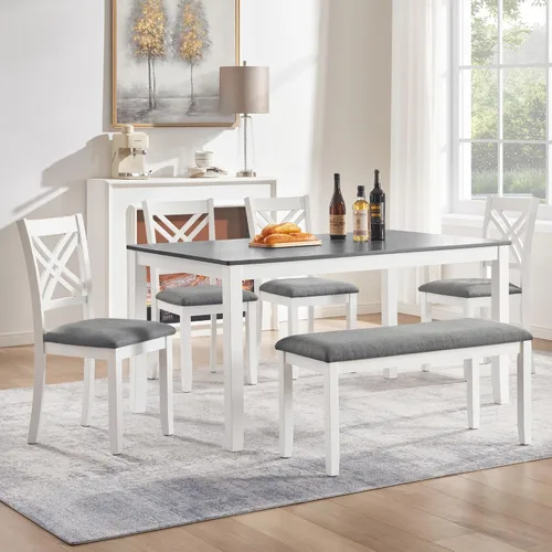 Miniatura 15 de LUMISOL - Juego de mesa de comedor de madera maciza con 4 sillas tapizadas y banco para cocina, comedor, sala de estar, gris plateado