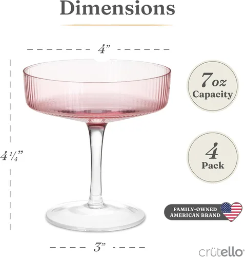 Miniatura 6 de Crutello Juego de 4 copas de champán Coupé, copas de cóctel vintage rosa de 7 onzas, cristalería acanalada para champán, Martini, Manhattan, Rosa