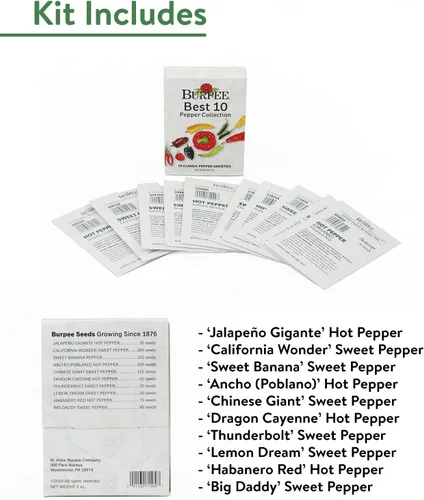 Miniatura 3 de Colección Burpee Best 10 Paquetes de Mezcla Fresca Sin OGM de Pimiento Picante y Variedades Dulces Jalapeño, Semillas de Pimiento Morrón y Más
