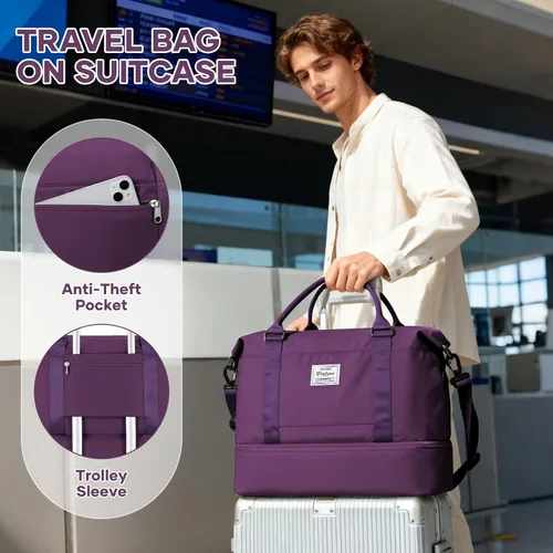 Miniatura 3 de VECAVE Bolsa de viaje para mujer, bolsa deportiva para gimnasio, E20-Púrpura profundo, Grande, Bolsa de viaje