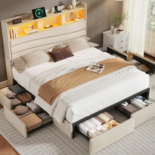 Miniatura 9 de BRELTAM Base de cama tamaño King con 6 cajones de almacenamiento, plataforma tapizada de lino con estación de carga y luces LED, diseño de cabecera