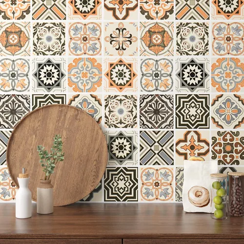 Miniatura 2 de Papel tapiz bohemio para cocina, impermeable, para despegar y pegar, papel de pared color naranja, autoadhesivo, azulejos geométricos, extraíble