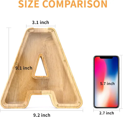 Miniatura 3 de WOOD CITY Alcancía con letras para adultos, niños y niñas, de madera de 9 pulgadas, caja de dinero personalizada, nombre personalizado, regalo
