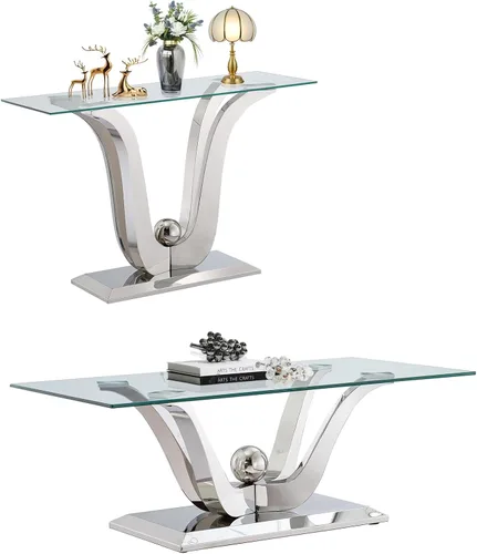 Miniatura 50 de SSLine Mesa auxiliar de cristal de lujo para sala de estar, mesa auxiliar moderna dorada con base de pedestal de acero inoxidable en forma de flor