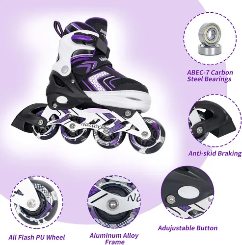 Miniatura 4 de Patines en línea NATTORK para niños, niñas y niños con ruedas completamente iluminadas, patines ajustables seguros y duraderos, patines para Púrpura