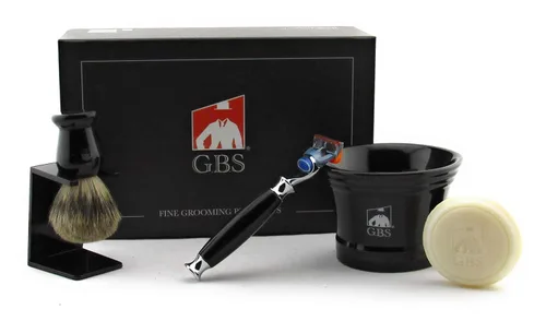 G.B.S Kit de aseo para hombre, maquinilla de afeitar de 5 cuchillas, taza de cerámica negra, jabón de glicerina totalmente natural, cepillo de