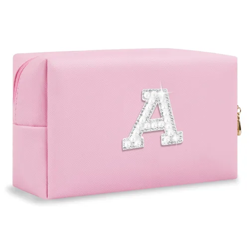Miniatura 268 de Pequeña bolsa de maquillaje personalizada con inicial A-Z Preppy Patch, bolsa de cosméticos de viaje de felpilla blanca con cremallera, bonita bolsa