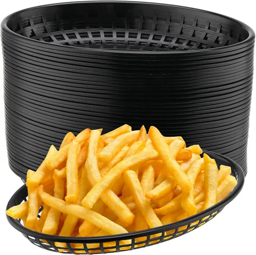 Paquete de 40 cestas de plástico negro de 8.9 x 5.7 x 1.6 pulgadas, cestas para servir restaurantes, bandeja ovalada de comida rápida para picnic,