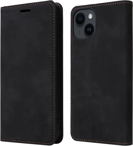 ZZXX Funda tipo cartera para iPhone 14 con bloqueo RFID, ranura para tarjetas, función atril, magnética, de piel suave, para iPhone 14 (color negro,