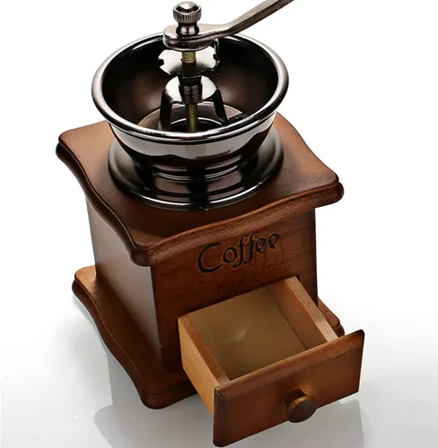 Miniatura 3 de Molinillo de café manual de madera, estilo vintage, molinillo de café de mano, molinillo de café con manivela de cerámica, cepillo de limpieza Marrón