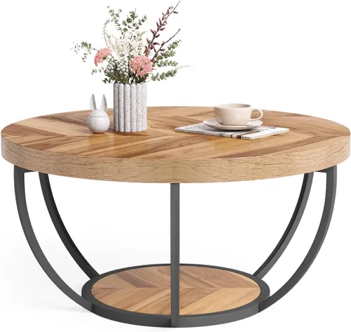 LITTLE TREE Mesa de Centro Redonda, Mesa de Centro Circular de 32" para Sala de Estar, Mesa Central de Acento de Madera de 2 Niveles con Grano de