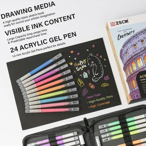 Miniatura 2 de ZSCM Bolígrafos de gel acrílico 3D de 24 colores y cuaderno de bocetos de papel negro para dibujo, bolígrafo de tinta acrílica de punta fina de 0.04