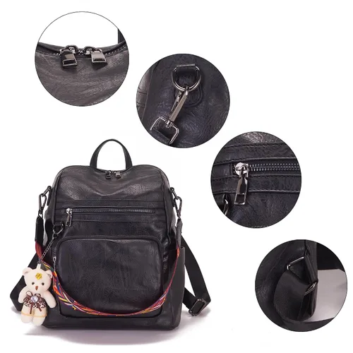 Miniatura 5 de Qiyuer Mochila de piel sintética para mujer, bolso de hombro convertible de viaje para mujer, color negro