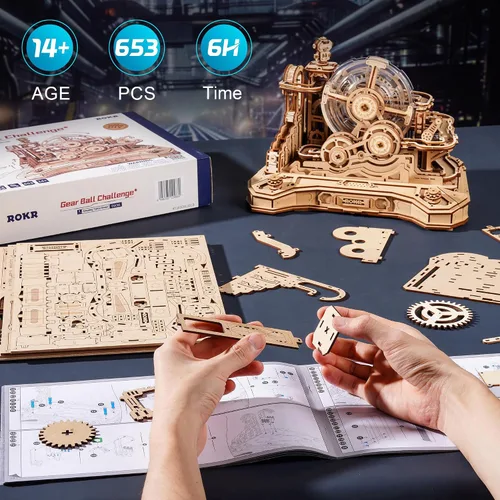 Miniatura 7 de ROKR Rompecabezas de Madera 3D para Adultos Pista de Canicas en Miniatura Juguetes de Construcción,Kits de Modelo de Máquina de Pinball DIY-Gear