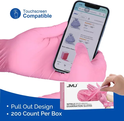 Miniatura 5 de JMU Guantes de Nitrilo Rosa, No Estériles, Guantes de Examen Desechables Sin Látex para Médico Esteticista, XS/S/M/L/XL, 200-4000
