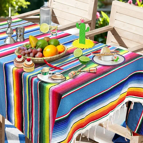 Miniatura 3 de OurWarm Mantel mexicano de 59 x 84 pulgadas para decoración de bodas y fiestas mexicanas, mantel cuadrado grande de algodón con flecos, manta Azul