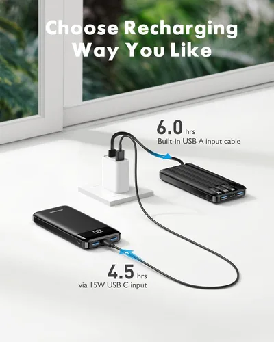 Miniatura 6 de charmast Cargador portátil de 10000 mAh, 4 cables integrados, 6 salidas/3 entradas, carga rápida de 3 A, compatible con iPhone, iPad, Samsung