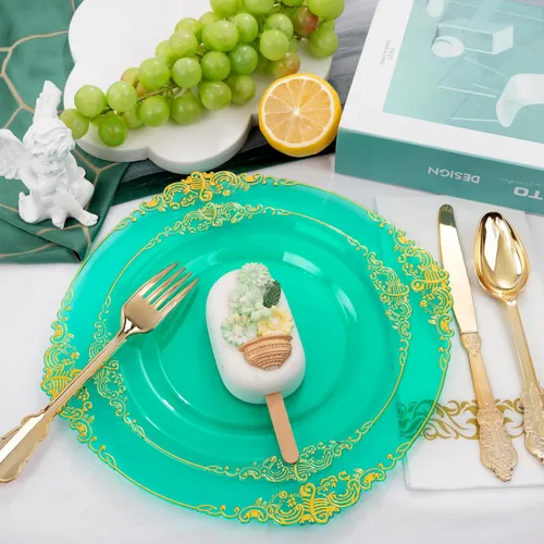 Miniatura 2 de Hioasis 175 platos de plástico verde transparente, elegante juego de vajilla desechable adecuado para 25 invitados, incluye platos de cena de 10.25