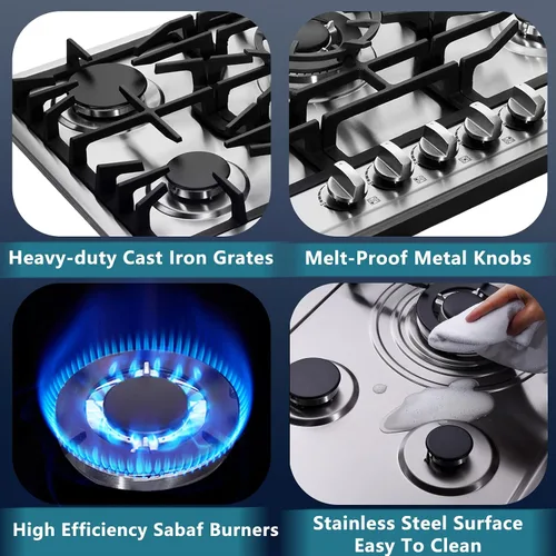 Miniatura 3 de Placa de cocina de gas de 30 pulgadas, estufa de gas de acero inoxidable empotrada de 5 quemadores, encimera de gas convertible GLP/GN, placa de gas