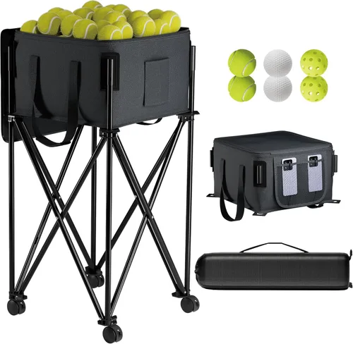 Tolva de pelota de tenis para 120 pelotas, cesta de pelota de tenis con bolsa de almacenamiento extraíble, carrito de pelota de tenis con ruedas