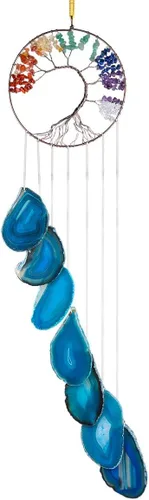 Miniatura 7 de rockcloud Campanillas de viento colgantes de 7 chakras del árbol de la vida con rodajas de ágata colgantes, adorno colgante de ventanas para Azul