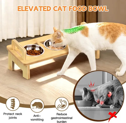 Miniatura 3 de Tazón Elevado de Comida para Gatos, 3 Cuencos Elevados de Acero Inoxidable para Gatos con Soporte, Cuenco Inclinado 15° para Perros Pequeños