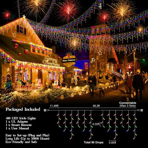 Miniatura 3 de FLVOECN 480 luces LED de Navidad de 49 pies, enchufables, 8 modos con temporizador, luces de hielo regulables, para exteriores, impermeables
