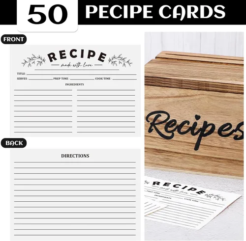 Miniatura 4 de Hoteam Caja de Recetas de Madera con Tarjetas, Soporte para Tarjetas de Recetas de Madera Rústica con 50 Piezas, Juego de Tarjetas de 5 x 7, Caja