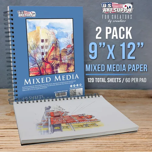 Miniatura 2 de U.S. Art Supply Cuaderno de bocetos mixto de 9 x 12 pulgadas, paquete de 2 (60 hojas), 98 libras (160 GSM) - Bloc encuadernado en espiral con papel