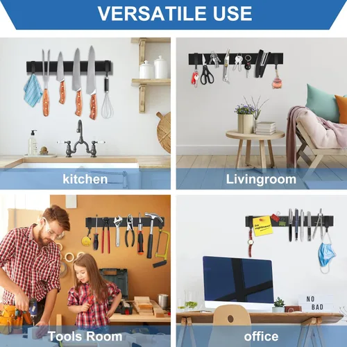 Miniatura 6 de Soporte magnético para cuchillos para pared, tira magnética negra de 10 pulgadas sin taladrar con 2 ganchos, soporte magnético para cuchillos