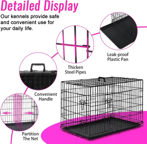 Miniatura 5 de FDW Jaula para Perros Grandes de 48 Pulgadas, de Alambre de Metal Plegable, Doble Puerta con Panel Divisor, Perrera para Interior y Exterior, Negro