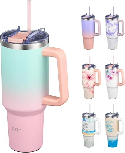 Miniatura 6 de THILY Vaso de 40 onzas de acero inoxidable con asa - Taza de viaje con aislamiento al vacío, tapa a prueba de salpicaduras y a prueba de fugas, 2