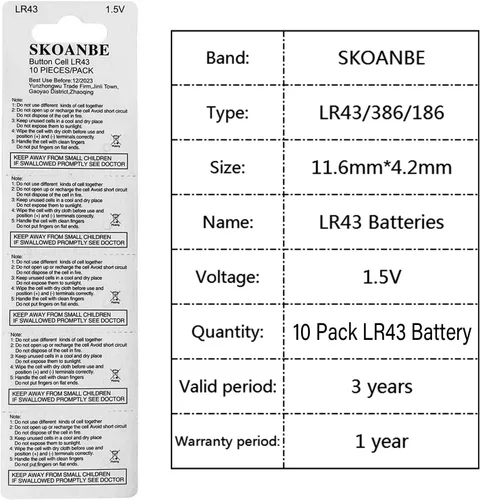 Miniatura 2 de SKOANBE Paquete de 10 pilas de botón LR43 386 AG12 301 186 1.5V