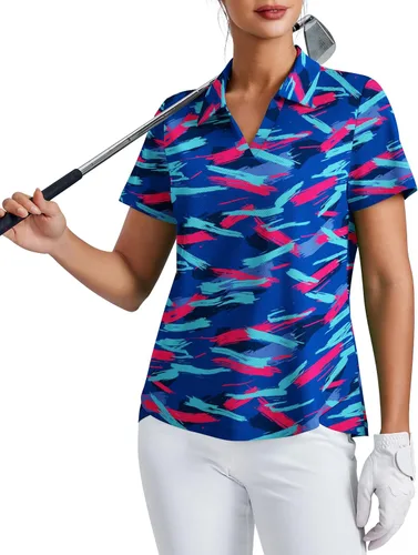Miniatura 11 de PINSPARK Camiseta de golf para mujer, de manga corta, con protección UPF 50+, camiseta de tenis, cuello en V, para entrenamiento, ropa deportiva