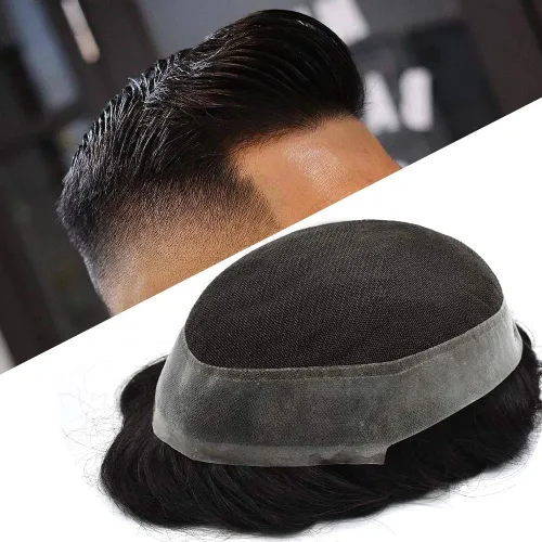 Miniatura 22 de LYRICAL HAIR Sistema de cabello humano Remy de encaje francés súper fino para hombre, piel de poliéster transparente alrededor de las pelucas, tupé