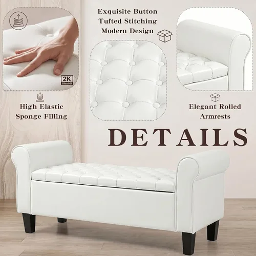 Miniatura 3 de ECOTOUGE Banco otomano de almacenamiento de 55 pulgadas para sala de estar, banco de pie de cama con brazo enrollado, otomano de cuero con Blanco