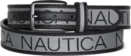 Nautica Men's Signature Leather and Canvas Belt Ribbon Detail Flag Design Classic Casual Metal Buckle