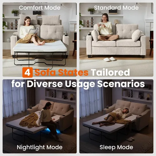 Miniatura 5 de CHIC HOUSE Sofá cama extraíble, sofá cama tamaño completo, sofá convertible 2 en 1 de pana con carga USB, sofá de espuma viscoelástica para sala