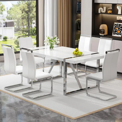 Miniatura 11 de Mesa de comedor Ebullient para 4, mesa de comedor rectangular negra de MDF, tapa de mesa de cena de mármol falso, mesa de comedor moderna con marco