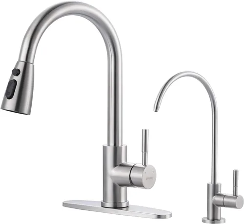 Miniatura 37 de WOWOW - Grifo de cocina cromado con rociador, grifo de fregadero de cocina extraíble de acero inoxidable con placa de cubierta, grifo de cocina