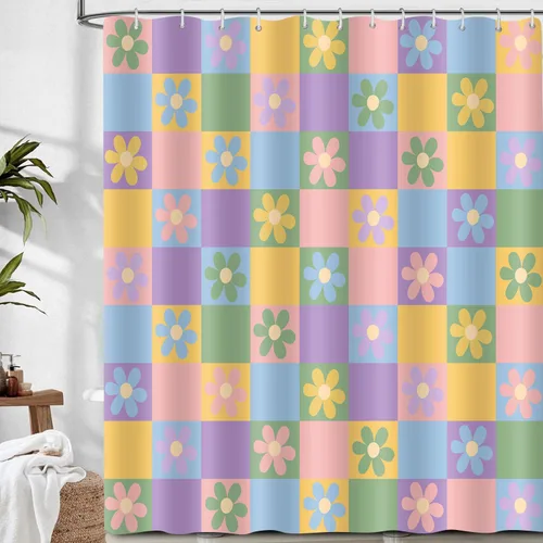 Miniatura 19 de Retro Flower Checkered Shower Curtain Black White Vintage Floral Plaid Fabric Shower Curtians 72x72Inch Washable Groovy Aesthetic Modern Hippie Boho