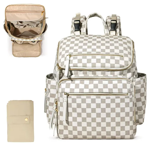 Omanmoli Bolsa de pañales a cuadros, mochila grande de cuero para pañales con 17 bolsas organizadoras, cambiador, correas para cochecito, 4 Beige y
