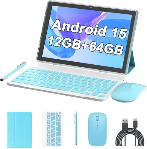 ATOZEE Tablet de 10 pulgadas Android 15 Tablets 2 en 1 Tablet con teclado 12 GB RAM+64 GB ROM (soporta expansión de 1 TB) Tableta 2MP+8MP Cámara Azul