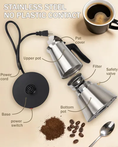 Miniatura 3 de Olla eléctrica Moka con base desmontable, cafetera de aluminio de 10 onzas, 6 tazas, 10.1 fl oz, cafetera italiana negra para cocina y hogar, 110 V