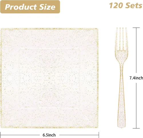 Miniatura 3 de Goodluck 240 platos cuadrados de plástico de postre con purpurina dorada de 6.5 pulgadas con tenedores de 7.4 pulgadas, platos dorados