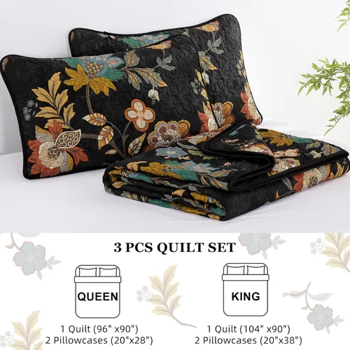 Miniatura 8 de WONGS BEDDING Juego de colcha tamaño Queen, juego de ropa de cama con estampado botánico negro, 3 piezas, colcha floral con 2 fundas de almohada
