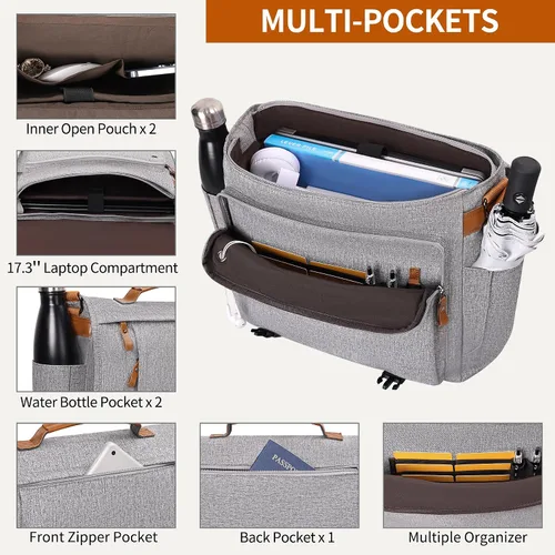 Miniatura 5 de ESTARER Bolsa de mensajero para laptop de 13 a 14 pulgadas, resistente al agua, bolsa de hombro de lona para universidad de negocios, gris